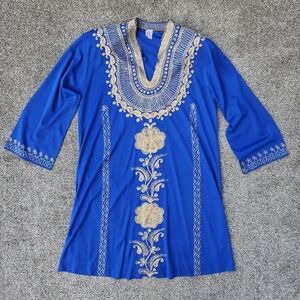 Indian Blue Gold Embroidered Tunic Trim Long Kafan Shirt Authentic Pakistani M